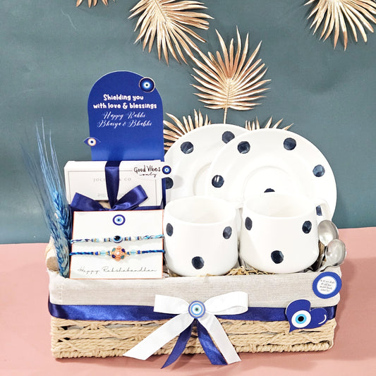 Gift basket with polka dot items and decorative elements on a teal background