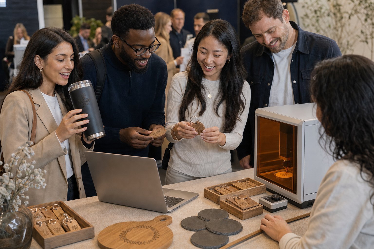 Guests enjoying a live engraving experience at a brand event