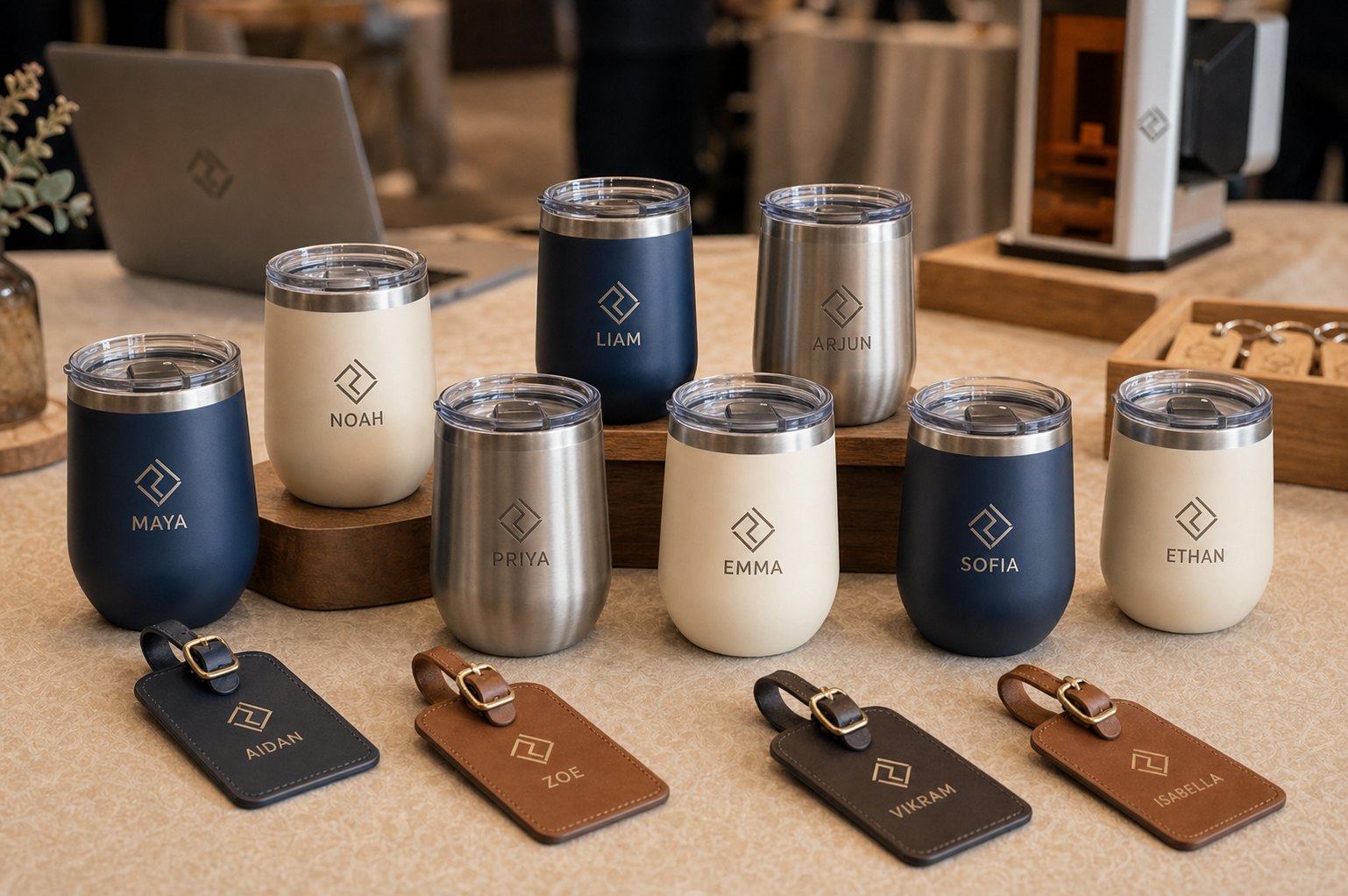 Personalized corporate drinkware and luggage tags engraved with employee names