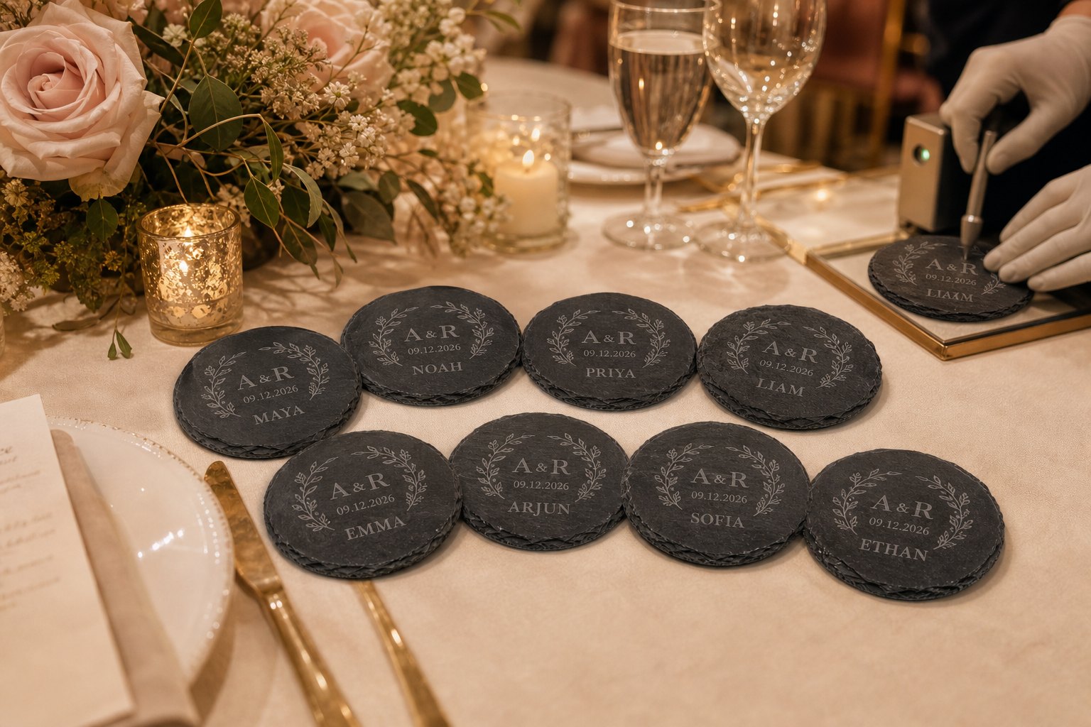 Slate wedding coasters personalized with individual guest names